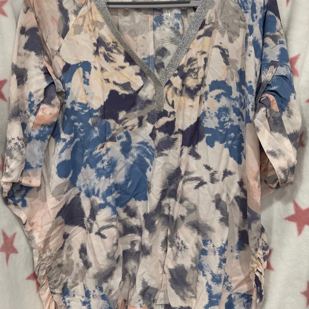 Juicy Couture Blue Pink Tie-Dye V-Neck Tunic with Metallic Trim - Picture 1 of 3